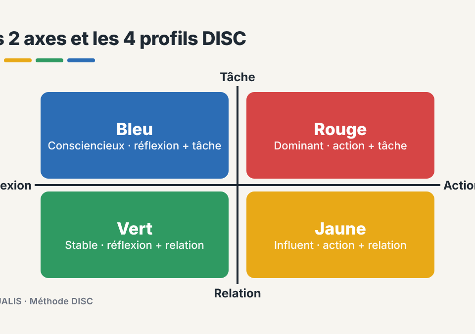 Schéma des deux axes de la méthode DISC et des quatre profils de couleur