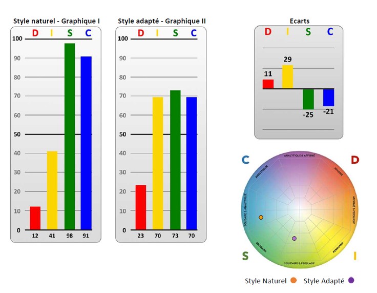 Exemple anonymisé de rapport DISC comparant le profil naturel et le profil adapté